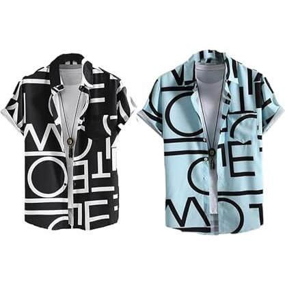 Lookmark Men's Cotton Blend Casual Beach Wear Shirts | Stylish Printed Shirts For Men | Comfortable Summer Wear | Party, Vacation & Daily Casuals (Pack Of 2) (Printed Shirt Adam Black-Adam Aqua-M)