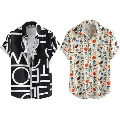Lookmark Men's Cotton Blend Casual Beach Wear Shirts | Stylish Printed Shirts For Men | Comfortable Summer Wear | Party, Vacation & Daily Casuals (Pack Of 2) (Printed Shirt Adam Black-Veg-M)