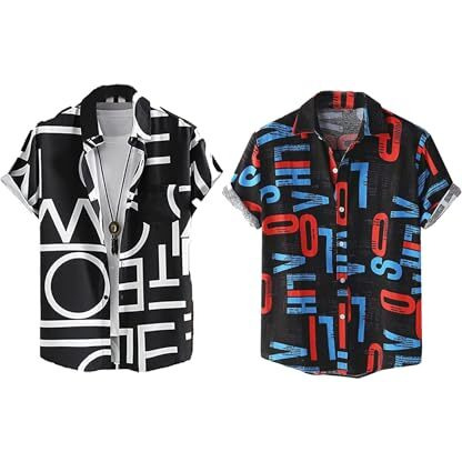 Lookmark Men's Cotton Blend Casual Beach Wear Shirts | Stylish Printed Shirts For Men | Comfortable Summer Wear | Party, Vacation & Daily Casuals (Pack Of 2) (Printed Shirt Adam Black-Alpha-S)