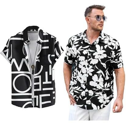 Lookmark Men's Cotton Blend Casual Beach Wear Shirts | Stylish Printed Shirts For Men | Comfortable Summer Wear | Party, Vacation & Daily Casuals (Pack Of 2) (Printed Shirt Adam Black-Urban-L)