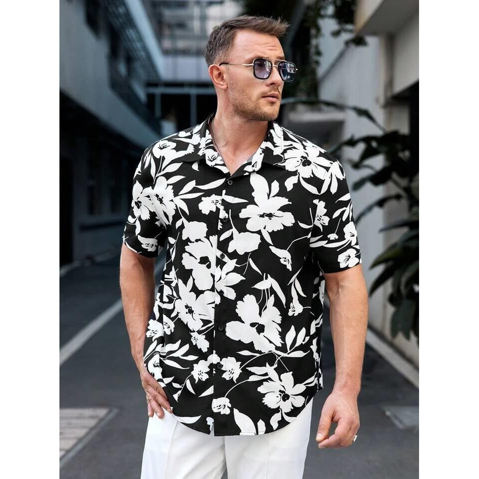 Lookmark Men's Cotton Blend Casual Beach Wear Shirts | Stylish Printed Shirts For Men | Comfortable Summer Wear | Party, Vacation & Daily Casuals (Pack Of 2) (Printed Shirt Adam Black-Urban-L)