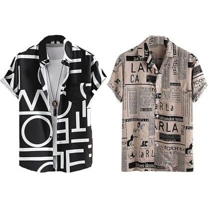 Lookmark Men's Cotton Blend Casual Beach Wear Shirts | Stylish Printed Shirts For Men | Comfortable Summer Wear | Party, Vacation & Daily Casuals (Pack Of 2) (Printed Shirt Adam Black-Noah-S)