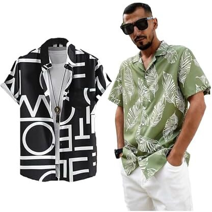 Lookmark Men's Cotton Blend Casual Beach Wear Shirts | Stylish Printed Shirts For Men | Comfortable Summer Wear | Party, Vacation & Daily Casuals (Pack Of 2) (Printed Shirt Adam Black-Breeze-S)