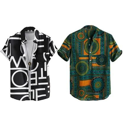 Lookmark Men's Cotton Blend Casual Beach Wear Shirts | Stylish Printed Shirts For Men | Comfortable Summer Wear | Party, Vacation & Daily Casuals (Pack Of 2) (Printed Shirt Adam Black-Rangoli-S)