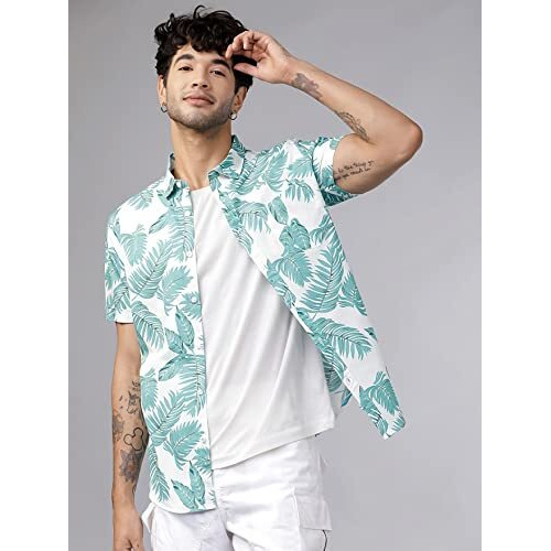 Lookmark Men's Cotton Blend Casual Beach Wear Shirts | Stylish Printed Shirts For Men | Comfortable Summer Wear | Party, Vacation & Daily Casuals (Pack Of 2) (Printed Shirt Adam Black-Green Leaf-M)