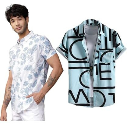 Lookmark Men's Cotton Blend Casual Beach Wear Shirts | Stylish Printed Shirts For Men | Comfortable Summer Wear | Party, Vacation & Daily Casuals (Pack Of 2) (Printed Shirt Blue Leaf-Adam Aqua-S)