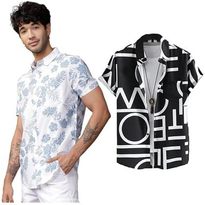 Lookmark Men's Cotton Blend Casual Beach Wear Shirts | Stylish Printed Shirts For Men | Comfortable Summer Wear | Party, Vacation & Daily Casuals (Pack Of 2) (Printed Shirt Blue Leaf-Adam Black-M)