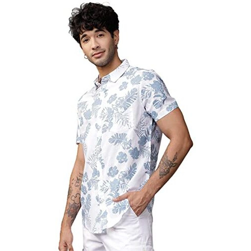 Lookmark Men's Cotton Blend Casual Beach Wear Shirts | Stylish Printed Shirts For Men | Comfortable Summer Wear | Party, Vacation & Daily Casuals (Pack Of 2) (Printed Shirt Blue Leaf-Alpha-M)