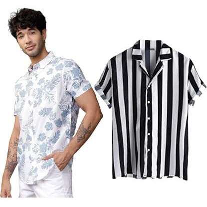 Lookmark Men's Cotton Blend Casual Beach Wear Shirts | Stylish Printed Shirts For Men | Comfortable Summer Wear | Party, Vacation & Daily Casuals (Pack Of 2) (Printed Shirt Blue Leaf-Zebra-S)