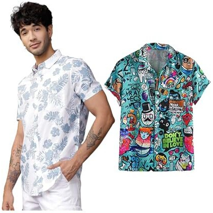 Lookmark Men's Cotton Blend Casual Beach Wear Shirts | Stylish Printed Shirts For Men | Comfortable Summer Wear | Party, Vacation & Daily Casuals (Pack Of 2) (Printed Shirt Blue Leaf-Craft-S)