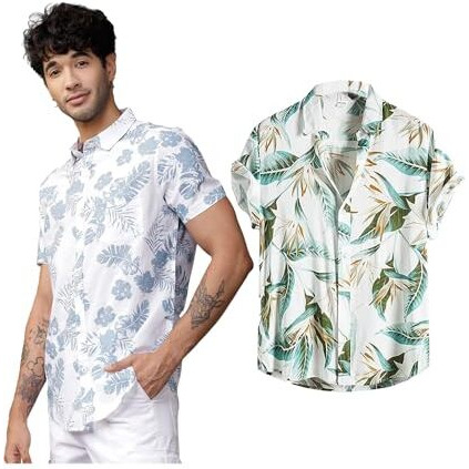 Lookmark Men's Cotton Blend Casual Beach Wear Shirts | Stylish Printed Shirts For Men | Comfortable Summer Wear | Party, Vacation & Daily Casuals (Pack Of 2) (Printed Shirt Blue Leaf-Elias-M)