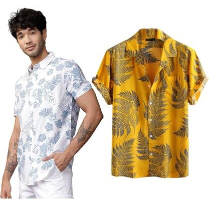Lookmark Men's Cotton Blend Casual Beach Wear Shirts | Stylish Printed Shirts For Men | Comfortable Summer Wear | Party, Vacation & Daily Casuals (Pack Of 2) (Printed Shirt Blue Leaf-Shiva-L)