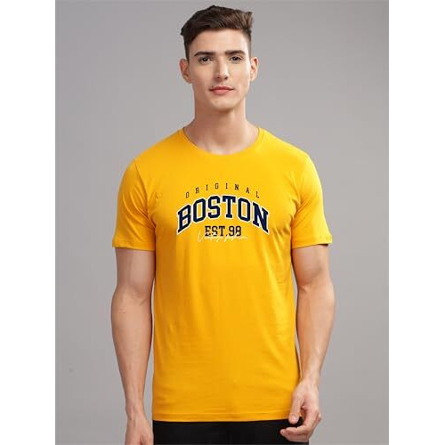 Adro Mens Printed T Shirt - Premium Cotton Graphic Printed Tshirt - Mustard T-Shirt - Rn24-Bost-Mu-M