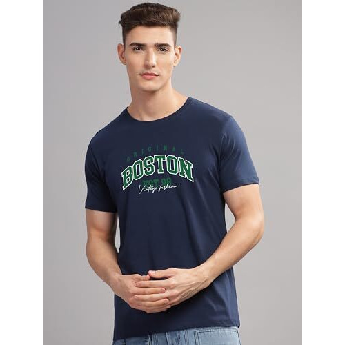 Adro Mens Printed T Shirt - Premium Cotton Graphic Printed Tshirt - Navy Blue T-Shirt - Rn24-Bost-Nb-M