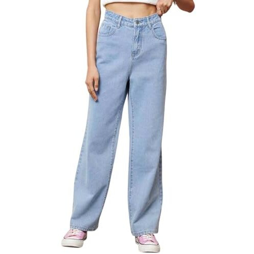 Kotty Womens Straight Button Solid Baggy Jeans(Blue,M)_Kttladiesjeans2915M