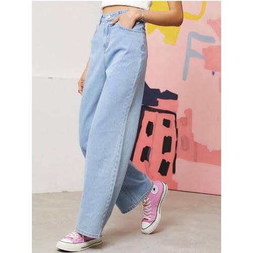 Kotty Womens Straight Button Solid Baggy Jeans(Blue,M)_Kttladiesjeans2915M