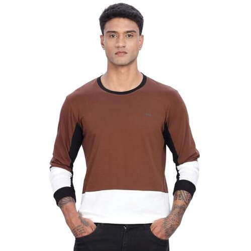 Adro Men Full Sleeve T-Shirt | Premium Cotton Tshirt For Men|Casual Fashion Relaxed Fit Full Sleeve Round Neck Tshirt|Fr24-Brws-M Brown, White