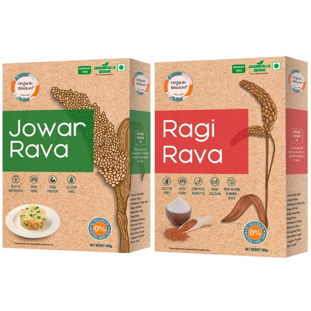 Organic Wisdom-Back to Roots Jowar & Ragi Rava (Millet Rava) Combo Pack | Organically Grown | Stone Grounded | Rich in Protein, Calcium & Dietary Fibre | Helps Weight Loss | 400 gm Each