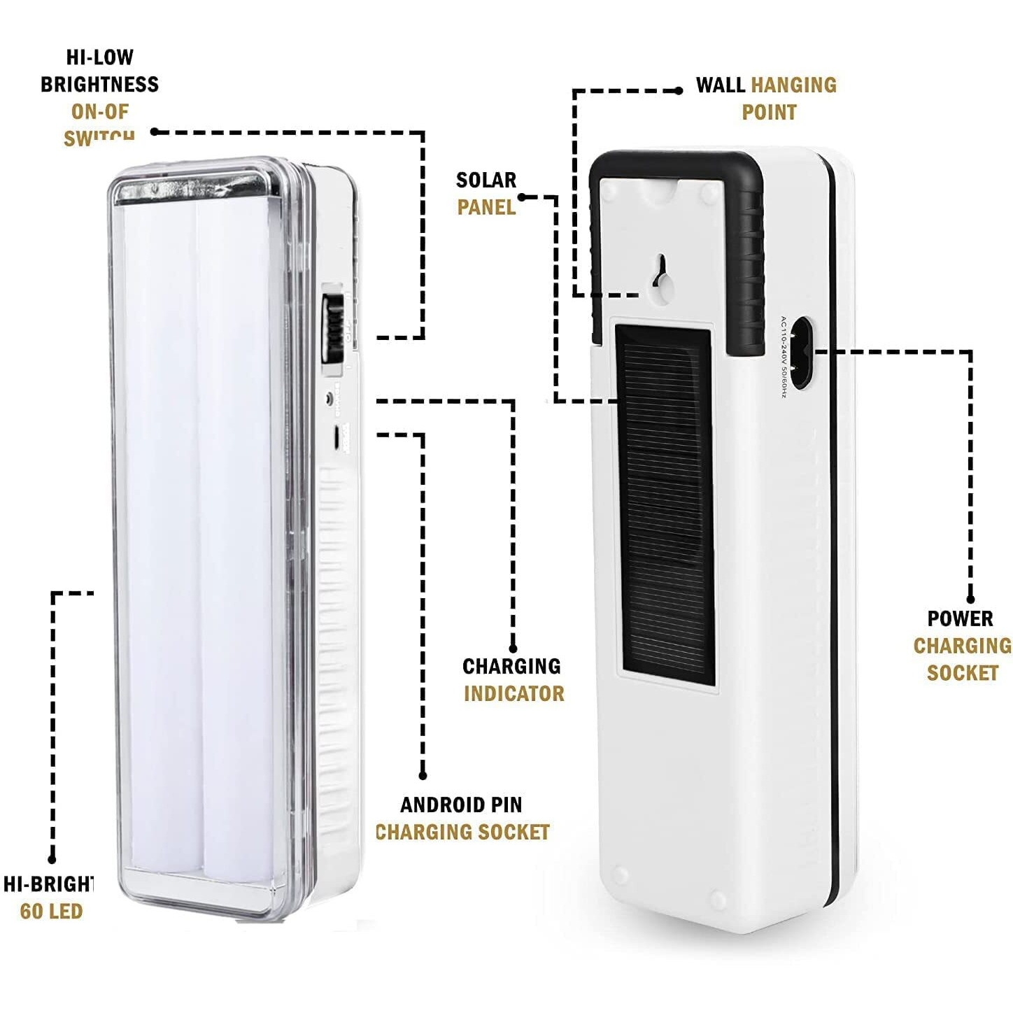 Glowbase Solar LED Emergency Light with Android and Solar Charging Support Rechargeable (Multicolour 60 SMD)