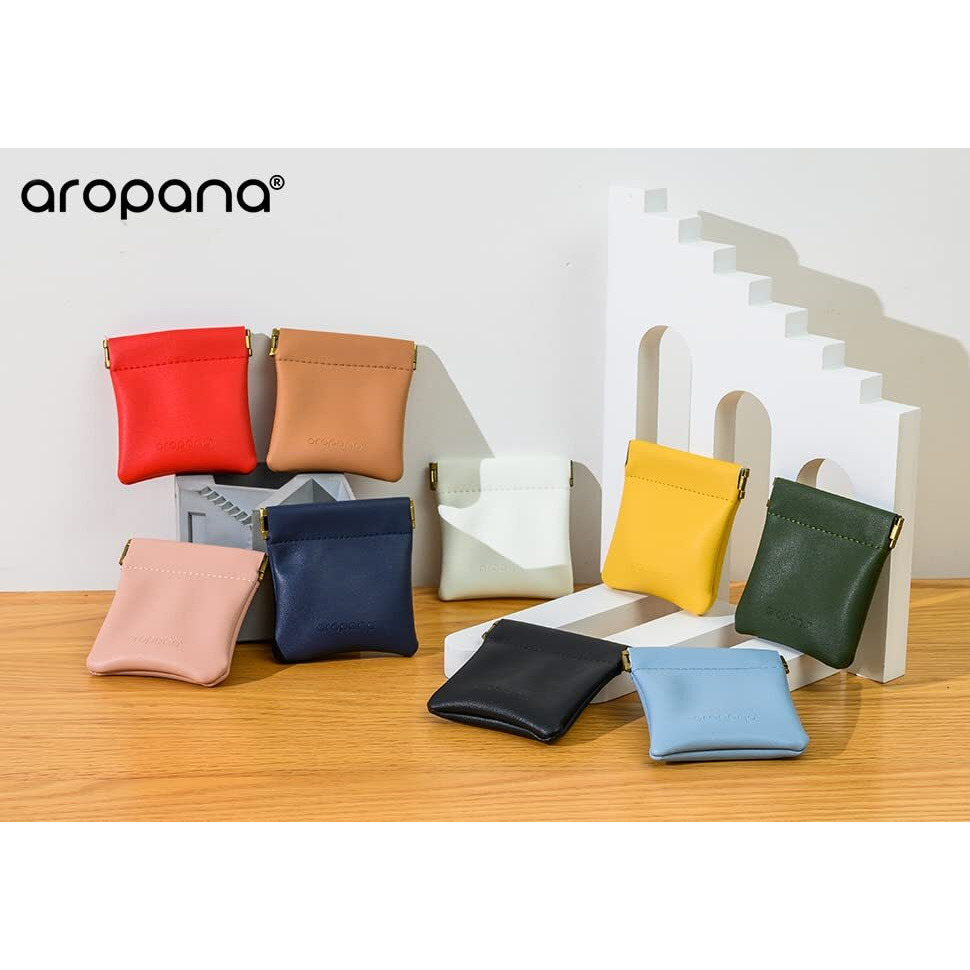 Aropana Self Closing Leather Squeeze Coin Purse Waterproof Portable Earphone AirPods Pouch Mini Storage Jewellery Bag Change Holder for Men & Women (8CM*7.5CM) Brown