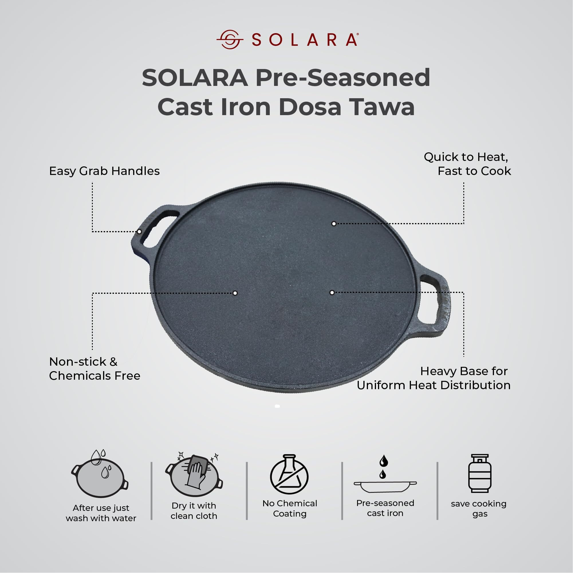SOLARA Cast Iron 12" Inch(30 CM) Tawa, Tawa for Dosa/Uthappam/Roti/Chapati/Naan, Gas & Induction Friendly, Cast Iron Tawa Cookware