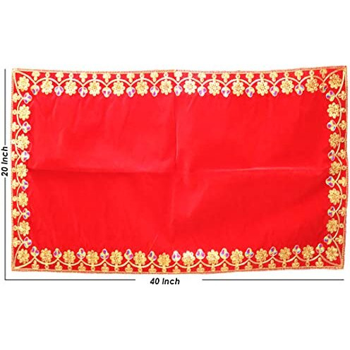 Shoppersduniya Red Velvet Designer Aasan Pooja Cloth Mat Mandir Temple Home Office Base Chowki 101 x 50 cm