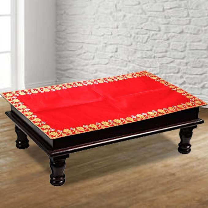 Shoppersduniya Red Velvet Designer Aasan Pooja Cloth Mat Mandir Temple Home Office Base Chowki 101 x 50 cm