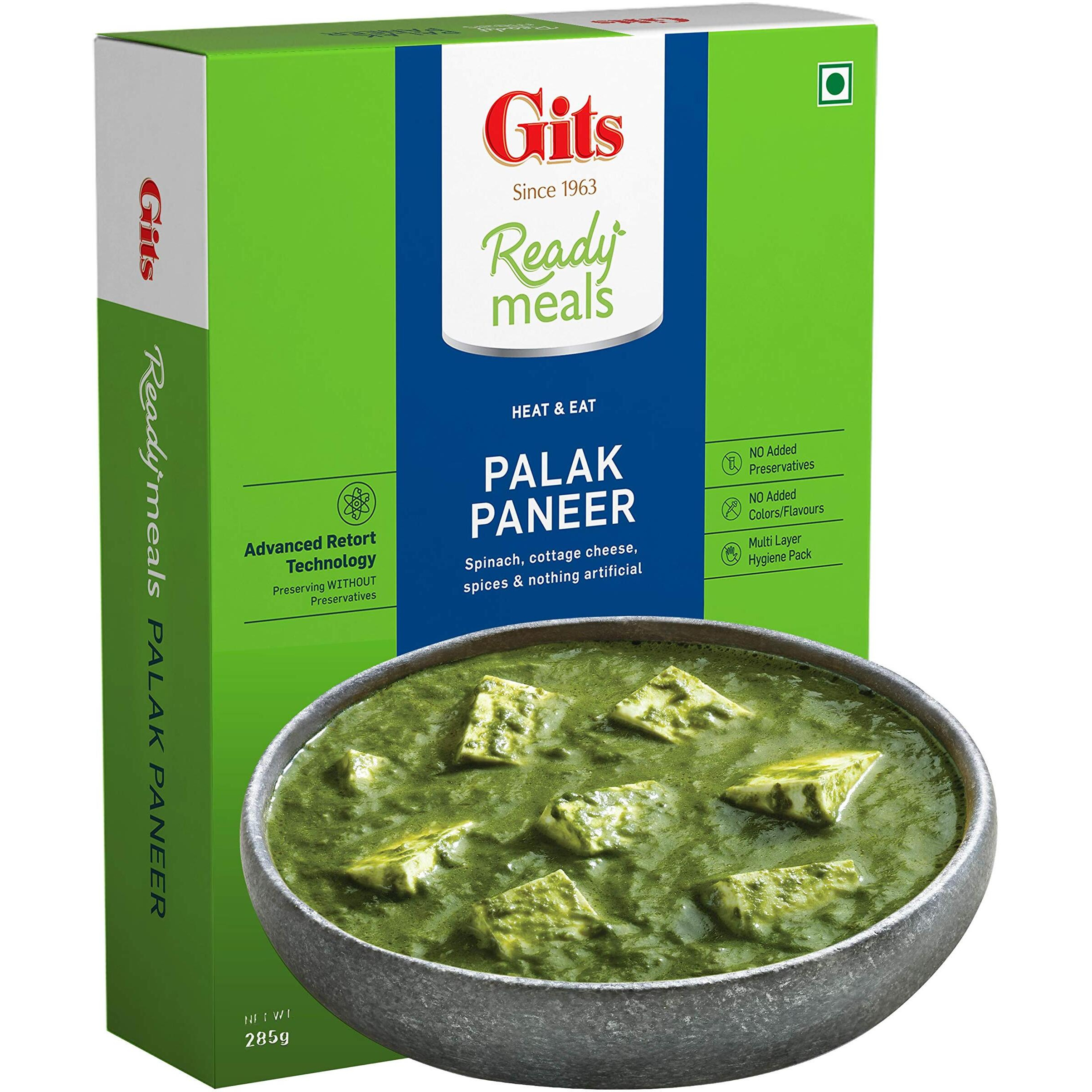 Gits Ready to Eat Palak Paneer, Pure Veg, Heat and Eat Indian Dish, Microwaveable, 855g (Pack of 3 X 285g Each)