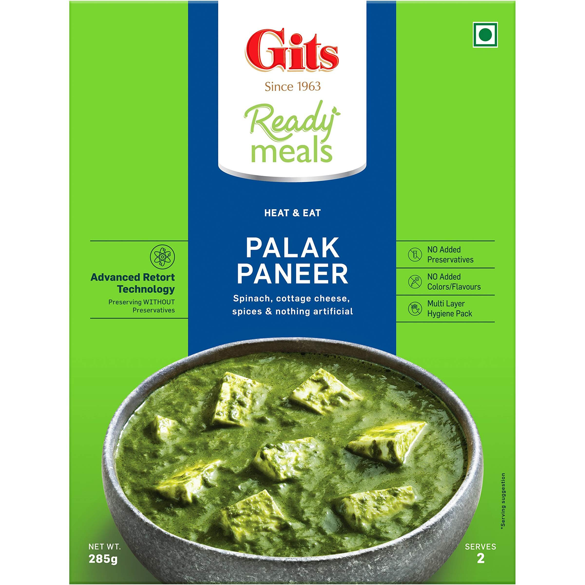Gits Ready to Eat Palak Paneer, Pure Veg, Heat and Eat Indian Dish, Microwaveable, 855g (Pack of 3 X 285g Each)