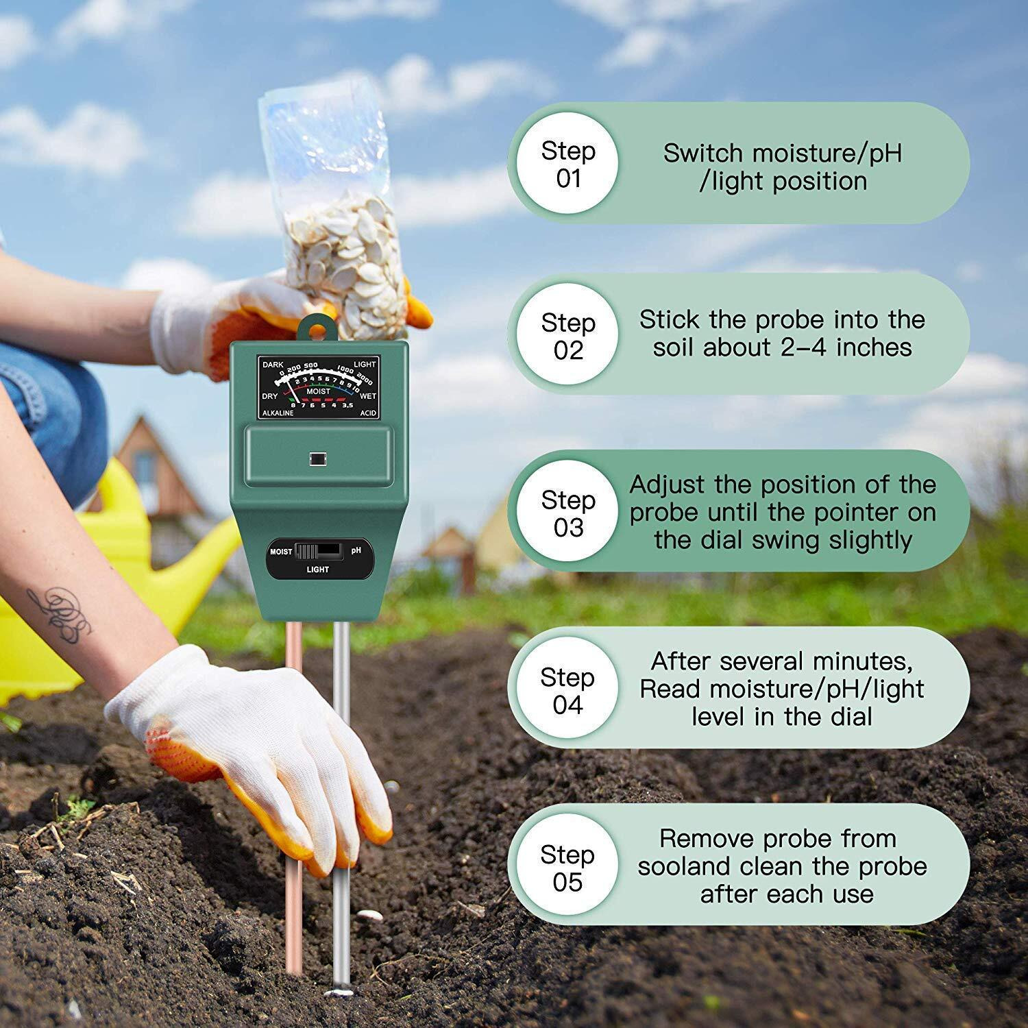 Naitik Creation 3-in-1 Soil Ph Meter Soil Tester for Moisture, Light, pH, Soil Ph Test Kit, Great for Garden, Lawn, Farm, Indoor & Outdoor Use (No Battery Required)