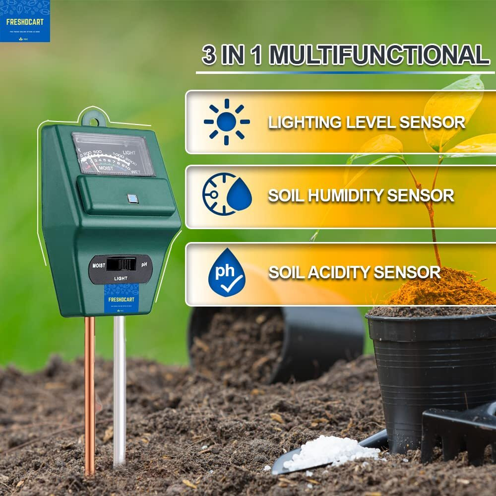 FreshDcart Solar pH Meter for Soil Testing - New 3 in 1 Soil Moisture Sensor, Soil pH Meter for Agriculture & Solar Light Meter, Moisture Meter for Plants, Acidity Tester