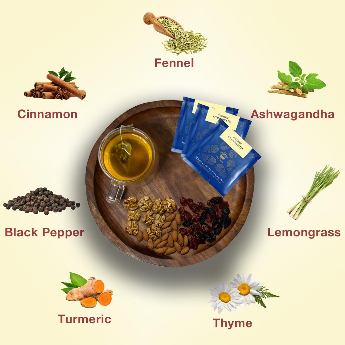 TEA SENSE Turmeric Chamomile Tea | 15 Pc Pyramid Bags | Healthy Blend with Ashwagandha | Caffeine Free