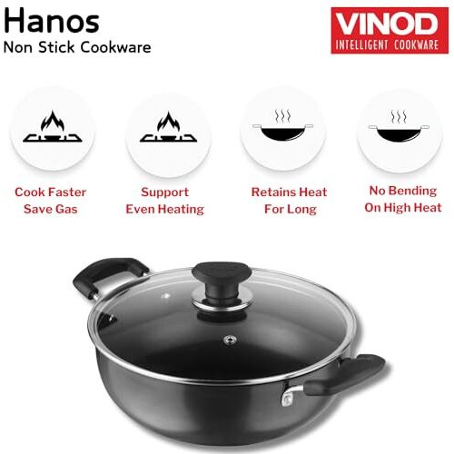 Vinod Hanos Hard Anodised Non Stick Deep Kadhai with Glass lid - 3.1 litre, 24 cm | 3.25mm Thick | 5X Non Stick | Metal Spoon Friendly | Induction base | 2 Year Warranty