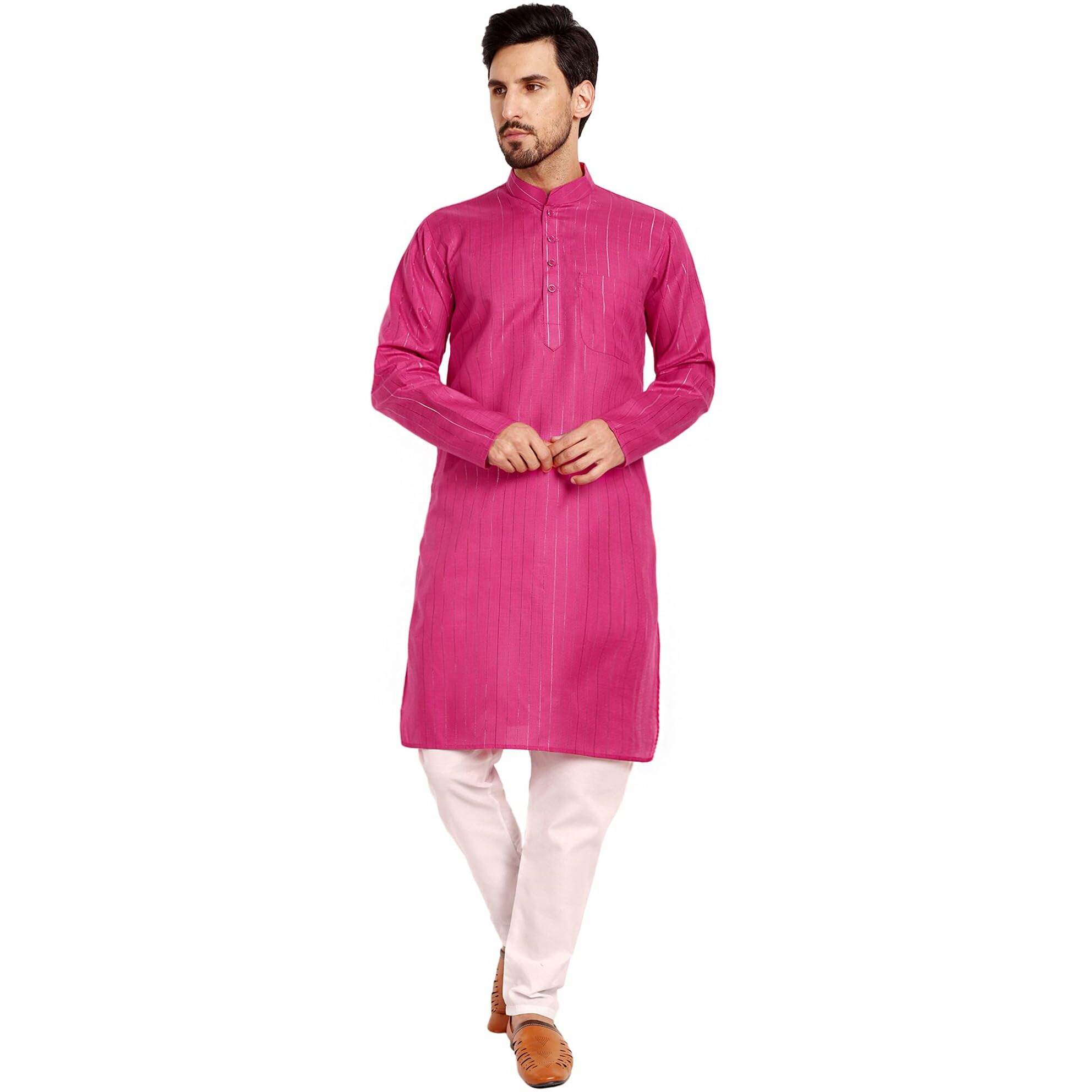 SKAVIJ Mens Casual Regular Cotton Kurta Pajama Set Indian Traditional Ethnic Wear (KP121_Pink_S)