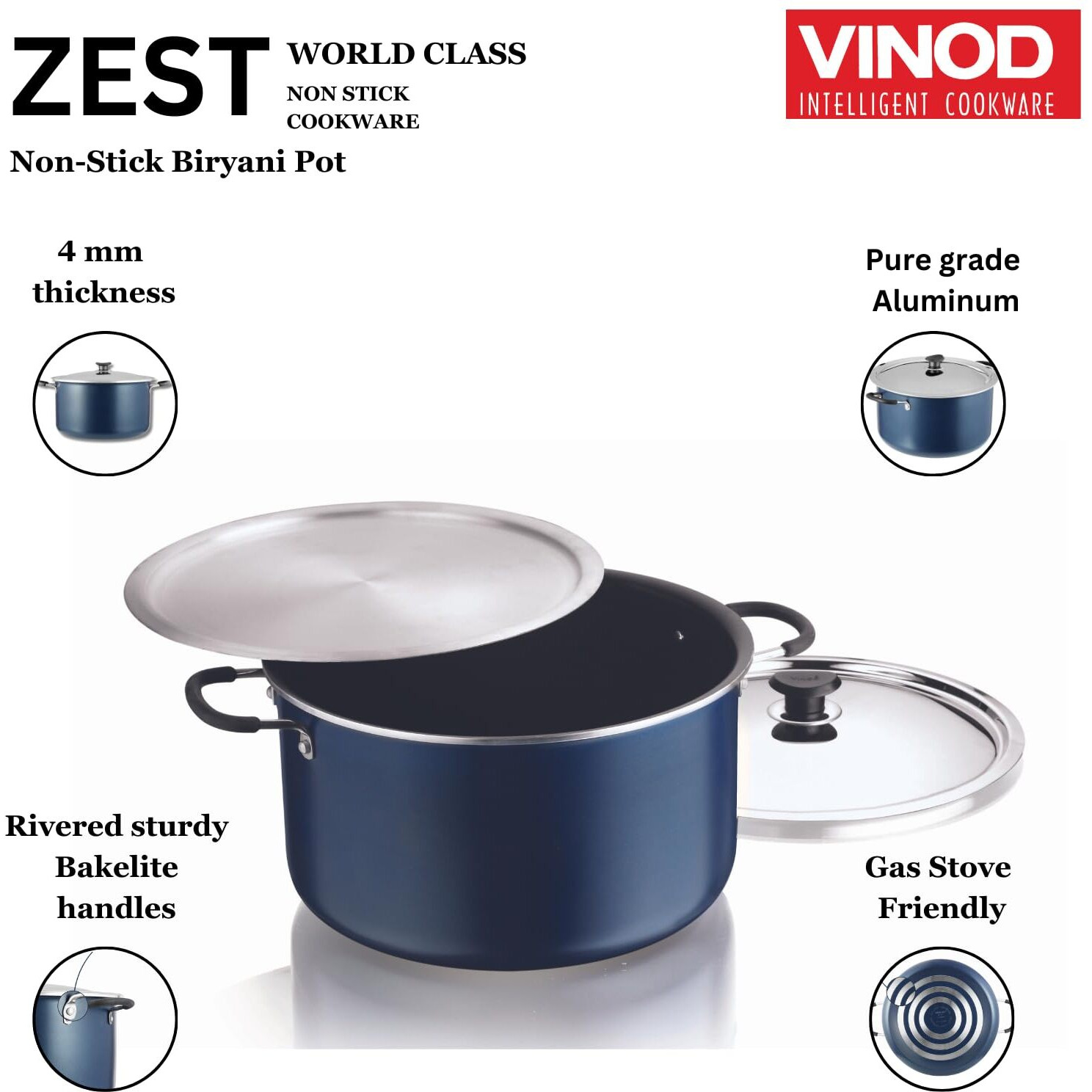 Vinod Zest Non Stick Dum Biryani Pot - 14 Litre, 32 cm | 4 mm Extra Thick | 3 layer Coating | Metal Spoon Friendly | Bakelite Handle | Gas Base | 1 Year Warranty - Blue