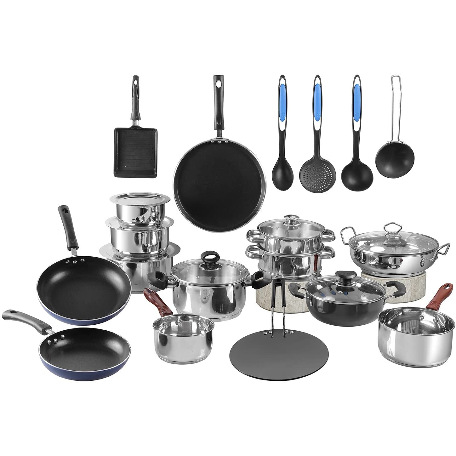 Vinod Kitchen in The Box Stainless Steel Cookware Combo Set of 25 Pcs | Multipurpose Kitchen Set for Cooking | Bartan/Donga Set | Induction and Gas Base- Silver