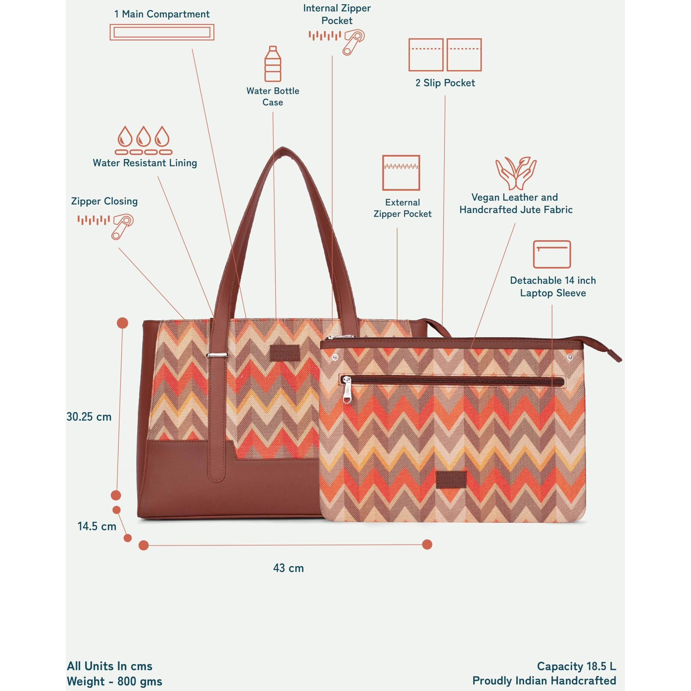 ZOUK Tidal Wave Printed Vegan Leather Orange Womens Teachers Bag With Detachable Laptop Sleeve