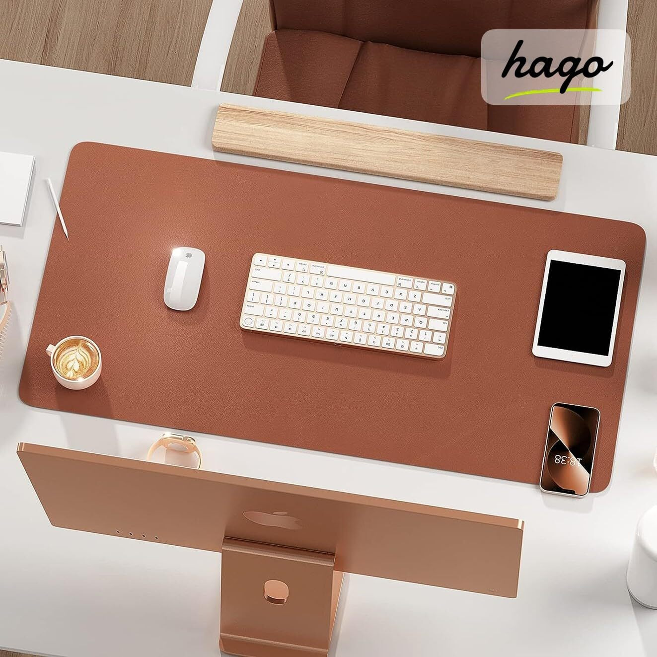 HAGO Laptop Accessories - Waterproof Gaming Mouse Pad, Vegan PU Leather Table Mat, Ideal for Work and Gaming (35 * 60, Brown & Grey)