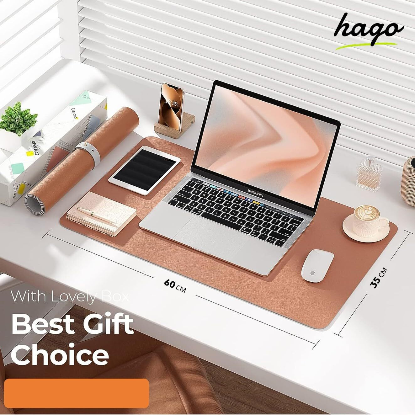 HAGO Laptop Accessories - Waterproof Gaming Mouse Pad, Vegan PU Leather Table Mat, Ideal for Work and Gaming (35 * 60, Brown & Grey)