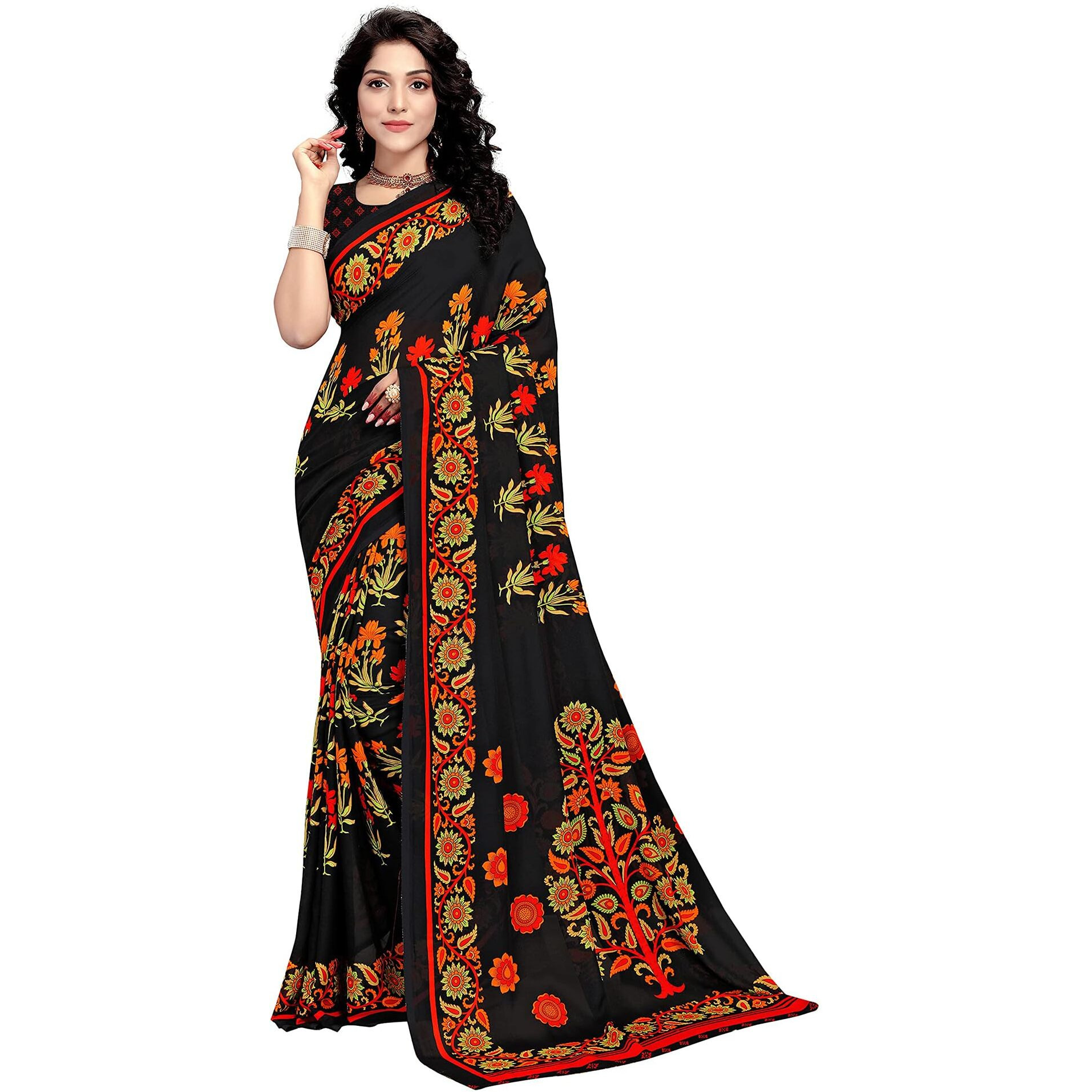 Vaamsi Womens Georgette Printed Traditional Saree With Blouse Piece (PC1154_Black)