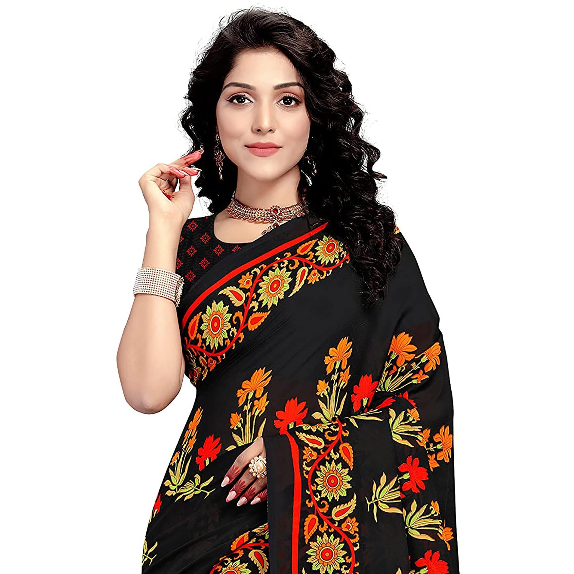 Vaamsi Womens Georgette Printed Traditional Saree With Blouse Piece (PC1154_Black)