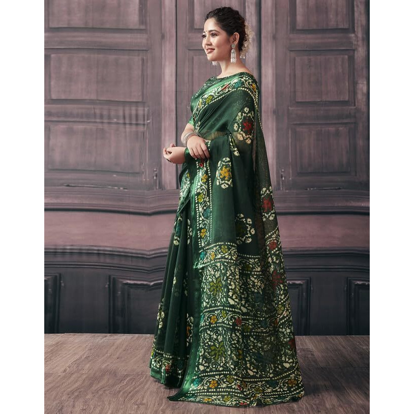 SIRIL Womens Cotton Printed Saree With Unstitched Blouse Piece (3528S2477_Green)