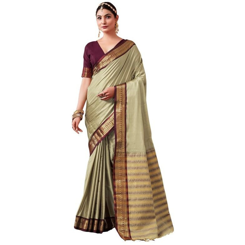 SIRIL Womens Silk Jacquard Boarder Saree With Unstitched Blouse Piece (3579S2518_Beige)