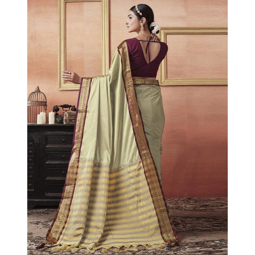 SIRIL Womens Silk Jacquard Boarder Saree With Unstitched Blouse Piece (3579S2518_Beige)