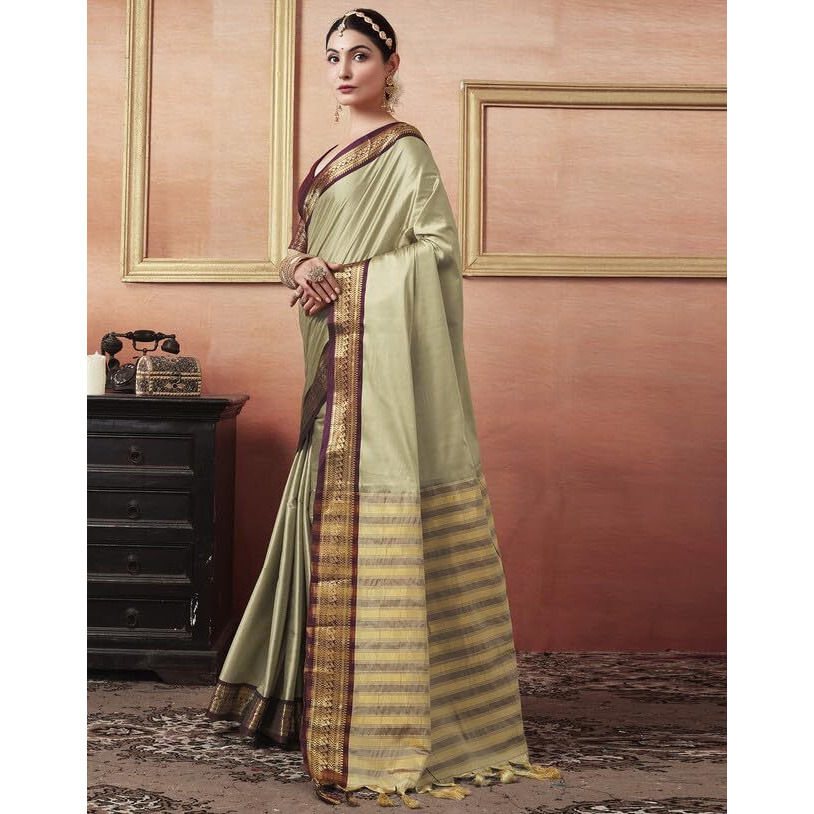 SIRIL Womens Silk Jacquard Boarder Saree With Unstitched Blouse Piece (3579S2518_Beige)
