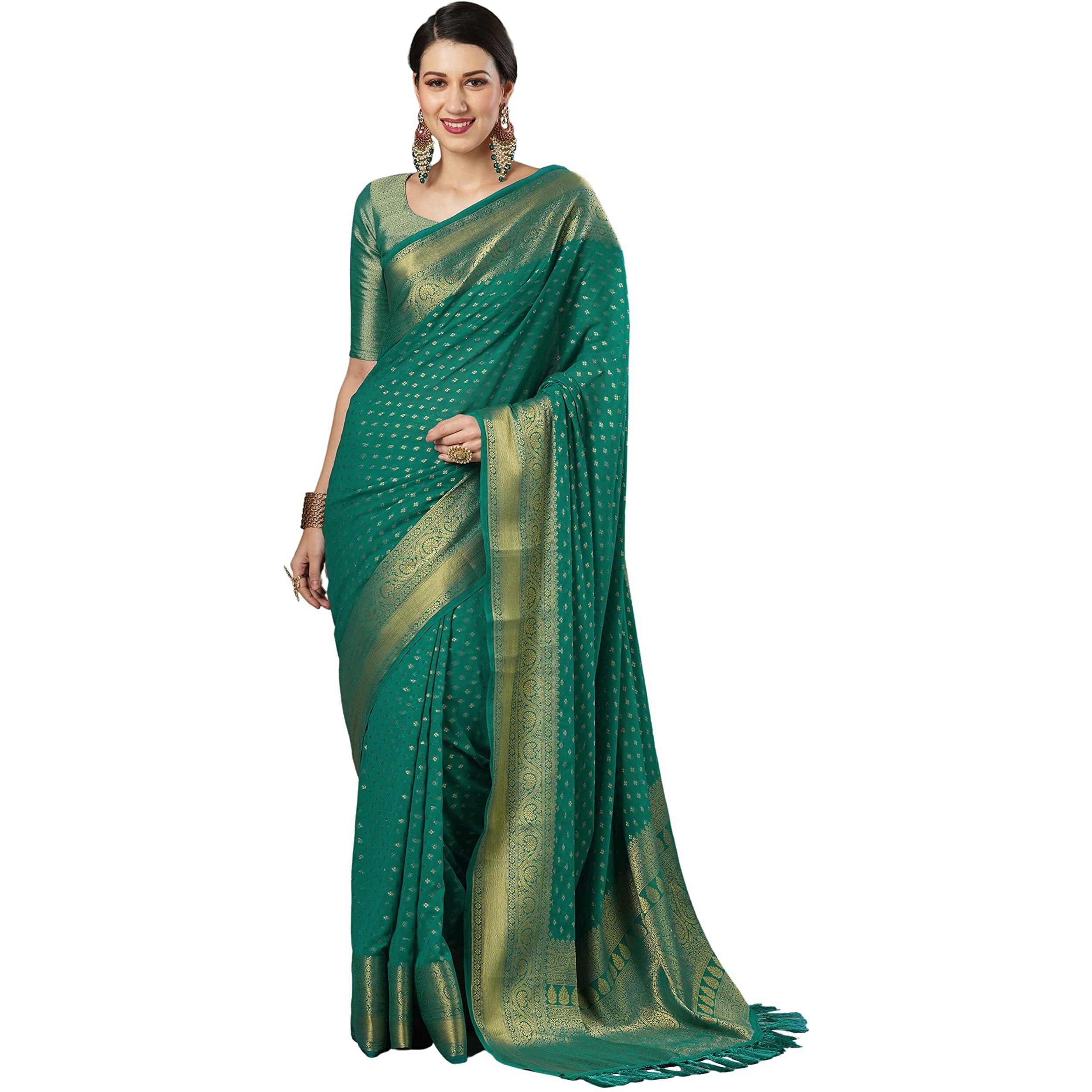 AKHILAM Womens Woven Design Georgette Kanjeevaram Saree With Unstitched Blouse Piece (Teal blue_4ALEKHA4003)