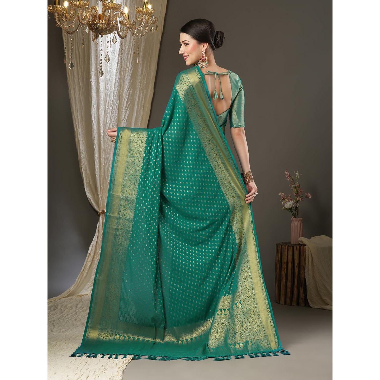 AKHILAM Womens Woven Design Georgette Kanjeevaram Saree With Unstitched Blouse Piece (Teal blue_4ALEKHA4003)