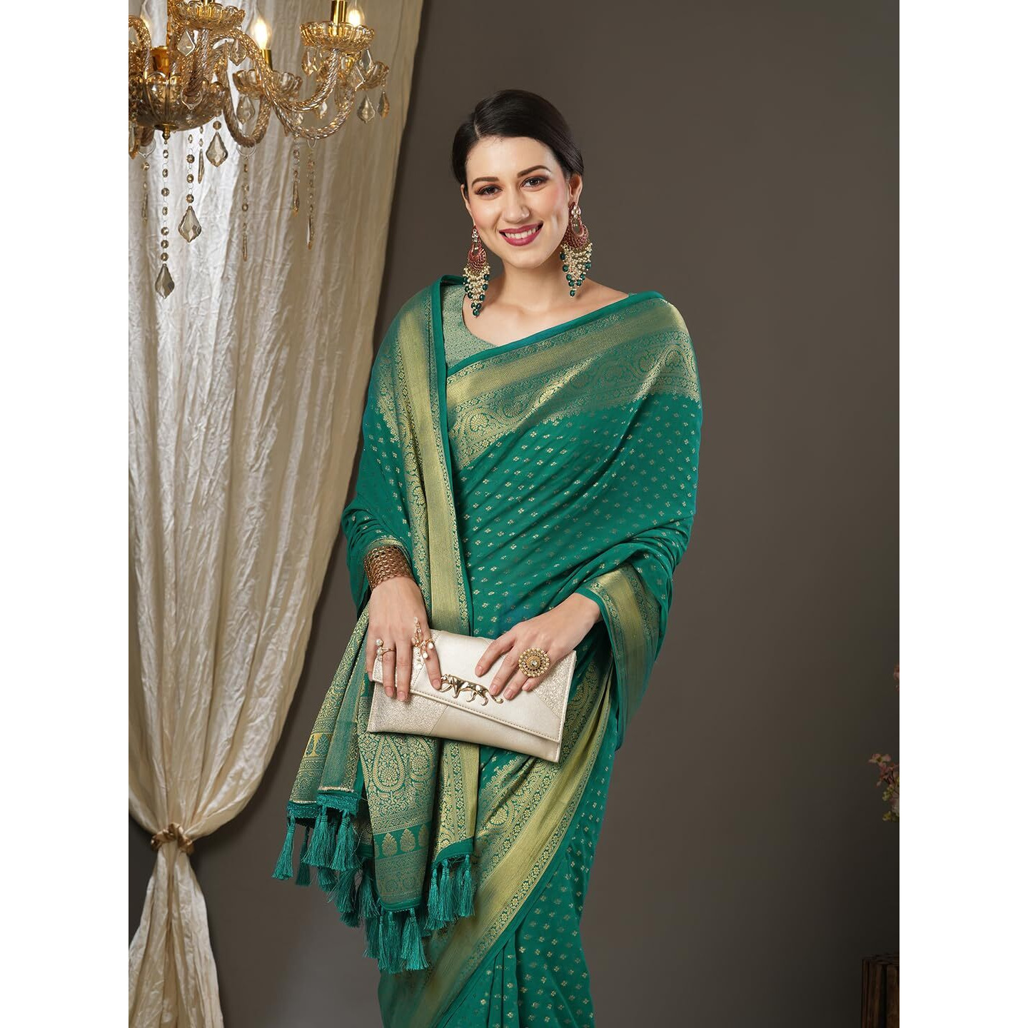 AKHILAM Womens Woven Design Georgette Kanjeevaram Saree With Unstitched Blouse Piece (Teal blue_4ALEKHA4003)