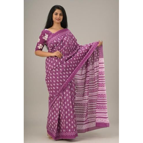 Kiaaron Handicrafts Womens Ikat Hand Block Print Jaipuri Cotton Mulmul Saree with Blouse Piece - Pink_40