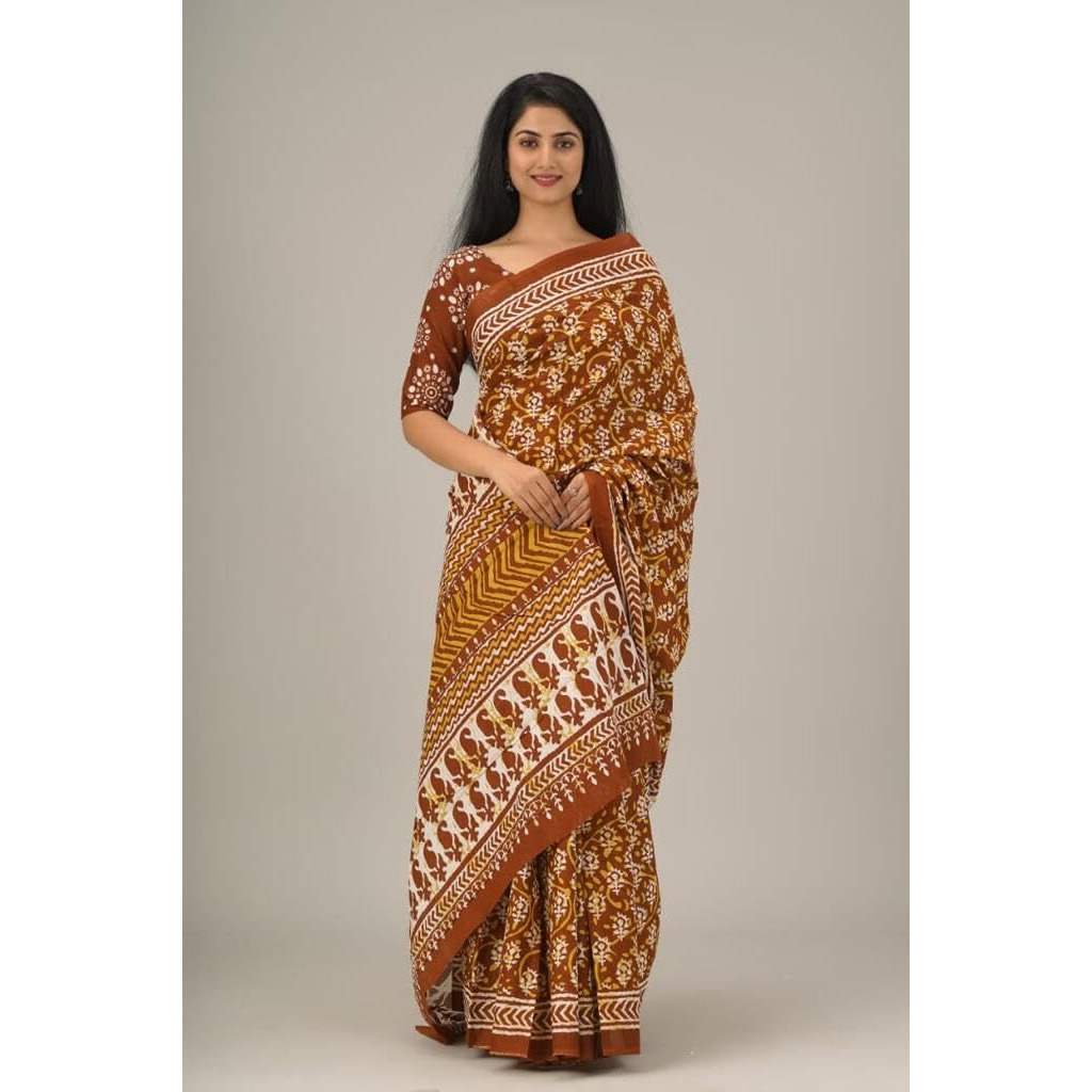 Kiaaron Handicrafts Womens Ikat Hand Block Print Jaipuri Cotton Mulmul Saree with Blouse Piece - Brown_43